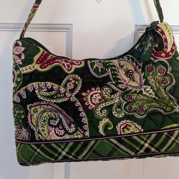 Vera Bradley Green Floral Paisley Small Hobo Bag Purse Front & Interior Pocket - Picture 5 of 9